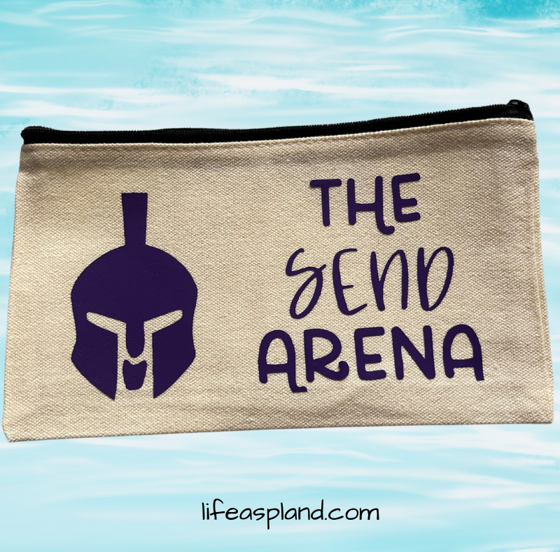 Pencil case with gladiator helmet image and text saying "the SEND Arena"