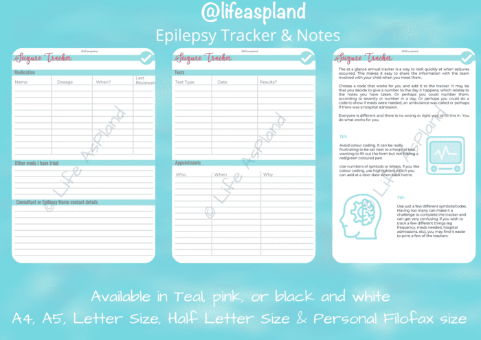 Epilepsy (Seizure) Tracker - Printable - in teal - Image 5