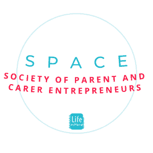 A planet with the words SPACE - Society of Parent and Carer Entrepreneurs wrapped around it like rings