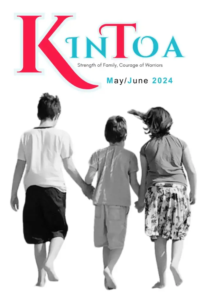 Kintoa May June '24 cover. Three children walking away from the camera, hand in hand.