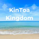 A view of the sea standing on the beach, with the words Kintoa Kingdom on the horizon