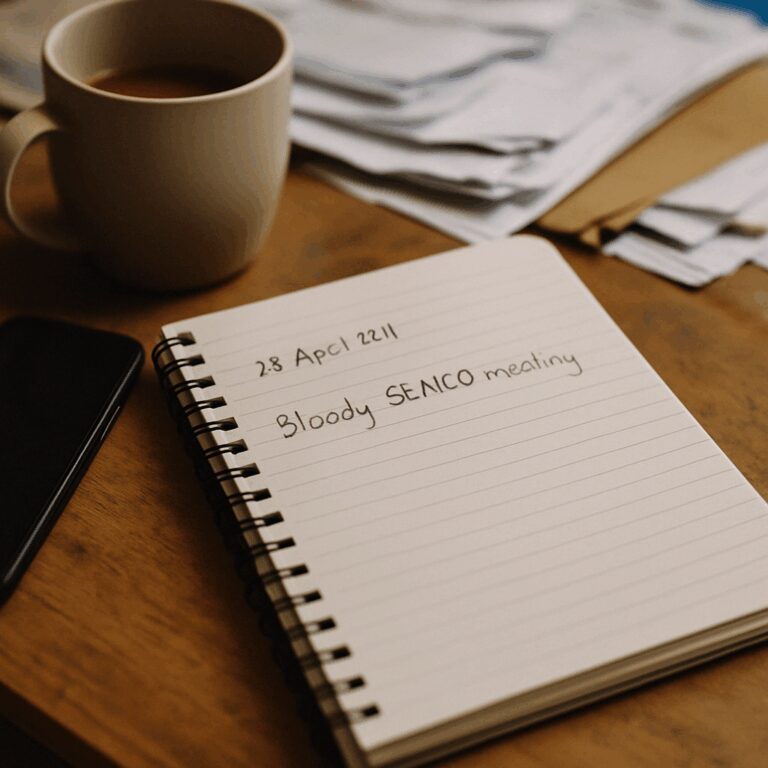 a photo of a notebook open on a messy table with a phone and mug nearby