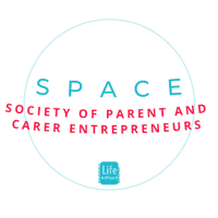 A planet with the words SPACE - Society of Parent and Carer Entrepreneurs wrapped around it like rings